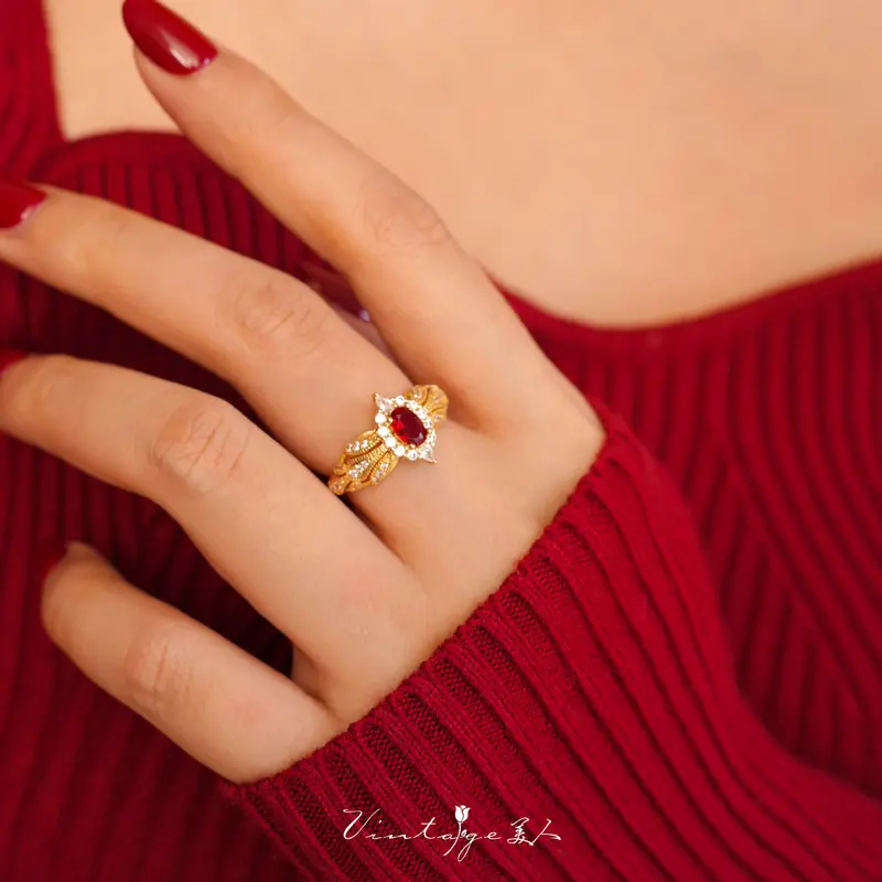 Nhẫn Hở, Phong Cách Tòa Án Pháp, Thiết Kế Cổ Điển Cao Cấp, Độc Đáo, Ruby Sáng Bóng, Hiệu Ứng Làm Sáng Women Nữ 1