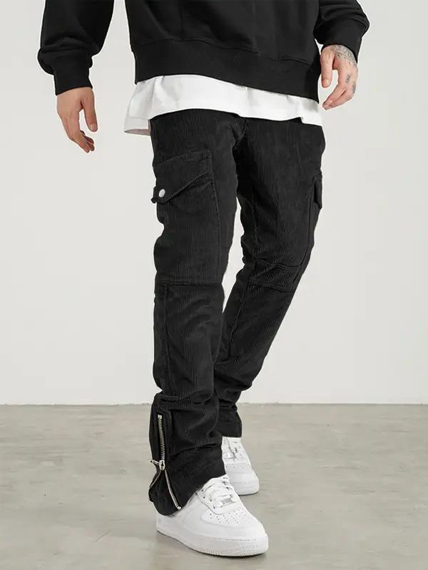 Men's Plain Flap Pocket Drawstring Waist Corduroy Cargo Pants, Regular Fit Street Fashion Zipper Split Trousers For Daily Wear, Men's Bottoms For Fall & Winter 2