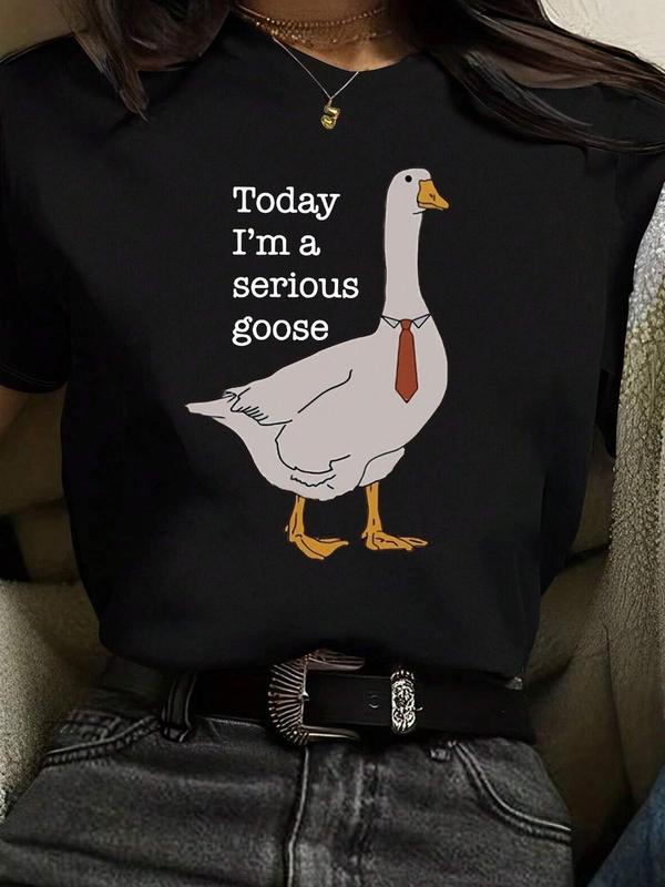 Women's Letter & Goose Print Round Neck Tee, Casual Comfy Short Sleeve T-shirt for Summer, Fashion Women's Top for Daily Wear 0