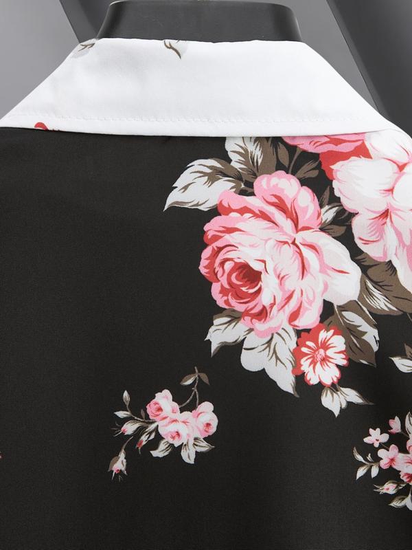 Men's Colorblock & Floral Print Button Front Shirt, Loose Casual Pocket Short Sleeve Top for Summer, Summer Clothes, Men's Clothes for Daily Wear, Menswear 3