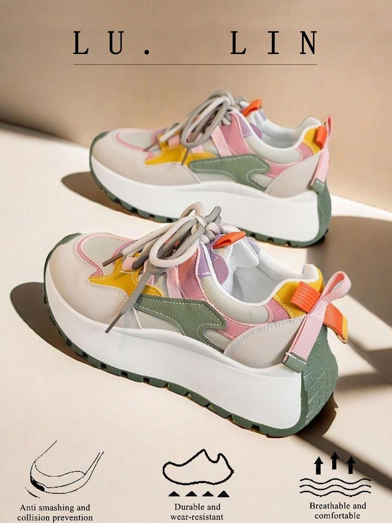 Product Introduction of Women's Fashionable Colorblock Lace Up Low Top Sneakers, Casual Comfortable Breathable Sports Running Shoes, All-match Non-slip Sneakers for Daily Wear 1