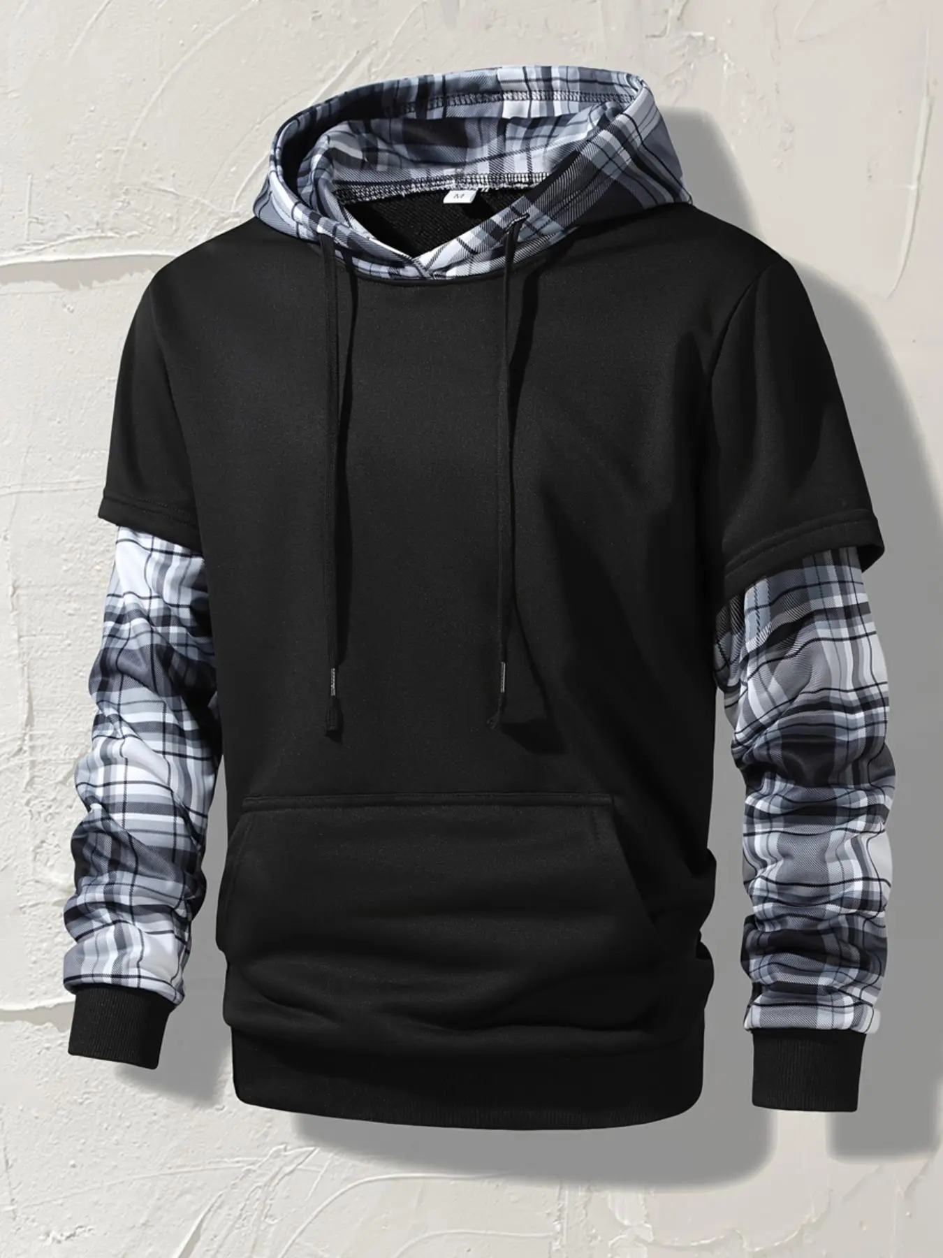 Men's 2 in 1 Patchwork Plaid Print Drawstring Hoodie, Regular Fit Casual Pocket Hooded Sweatshirt for Daily Wear, Men's Clothes for All Seasons