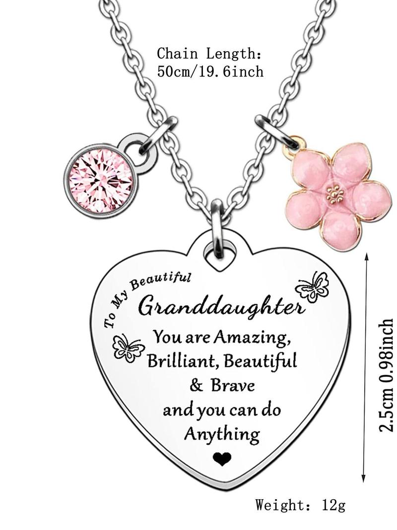 Product Introduction of Cute Heart Shaped Pendant Necklace with Rhinestones & Pink Flower Charm Decor, Fashion Jewelry Accessories for Granddaughter As Gift 1