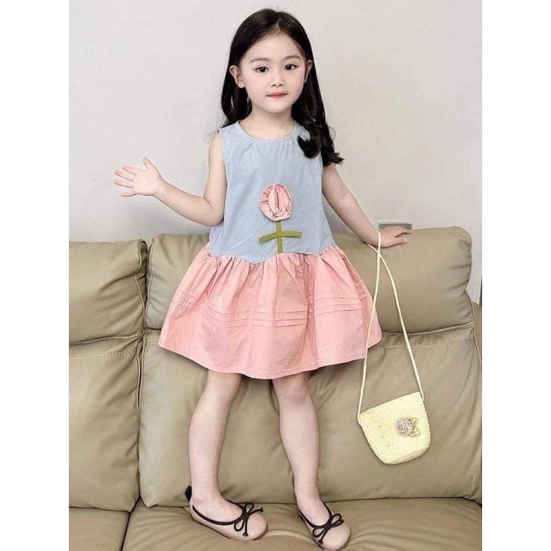 T12 Váy bé gái phối hai màu xanh hồng đính hoa xinh xắn chất thô mềm cho bé 12-35kg