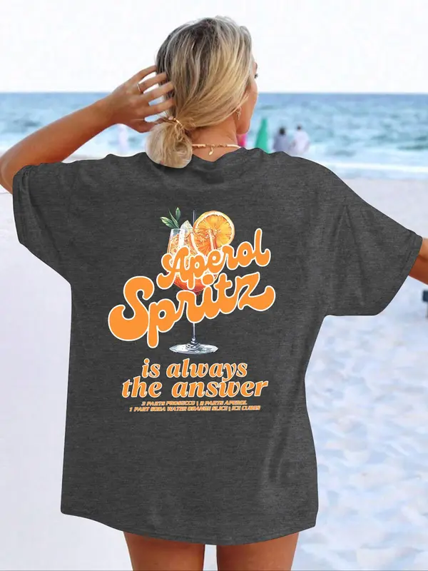 Women's Letter Graphic Round Neck Tee, Lady Comfort Graphic Tees Top, Casual Drinks Graphic Drop Shoulder Half Sleeve T-shirt for Summer, Vintage Graphic Tees, Ladies Clothes for Daily Wear, Womenswear 3