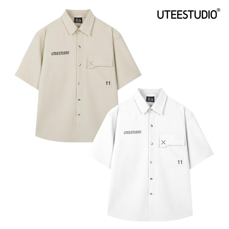 Áo Sơ Mi Số 11 Tay Ngắn Cúc Bấm Inox Túi Hộp Thêu U.TEE STUDIO Unisex Form Rộng Chất Liệu Cotton Silk Menswear Nam Shirt Kem