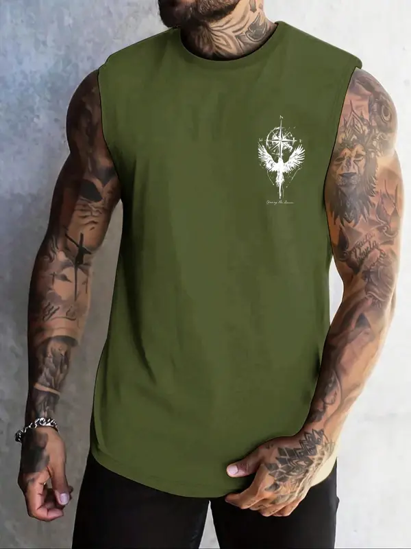 Men's Eagle Print Tank Top, Regular Fit Casual Letter Graphic Sleeveless Vest for Summer, Men's Top for Outdoor Climbing, Fitness Wear, Tropical 6
