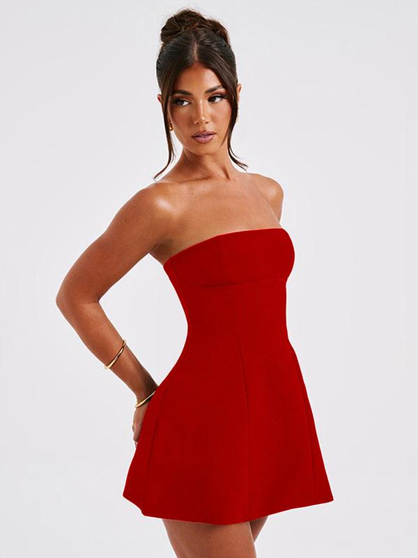 Christmas Gift Women's Solid Color Strapless A Line Dress, Fashion Casual Short Dress for Party Club Dating Wear, Women Dress for Summer Valentine's Day, gift 5