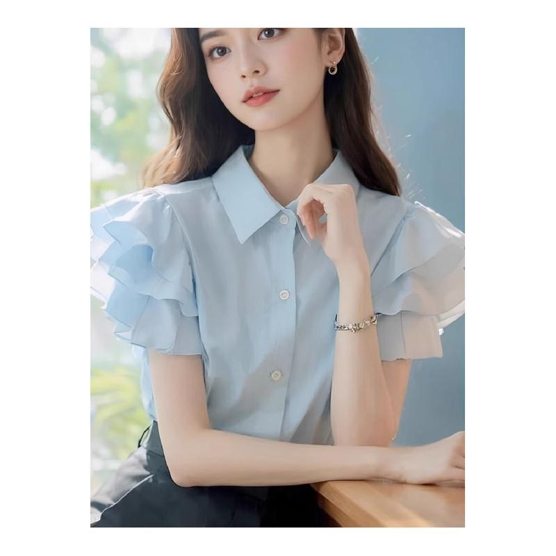 Product Introduction of (in Stock) European Goods Beautiful Fashion Casual Temperament High-Grade Super Nice Top Blue Ruffled Short Sleeves Women's Shirt Women's Summer Blouse Lingerie 3