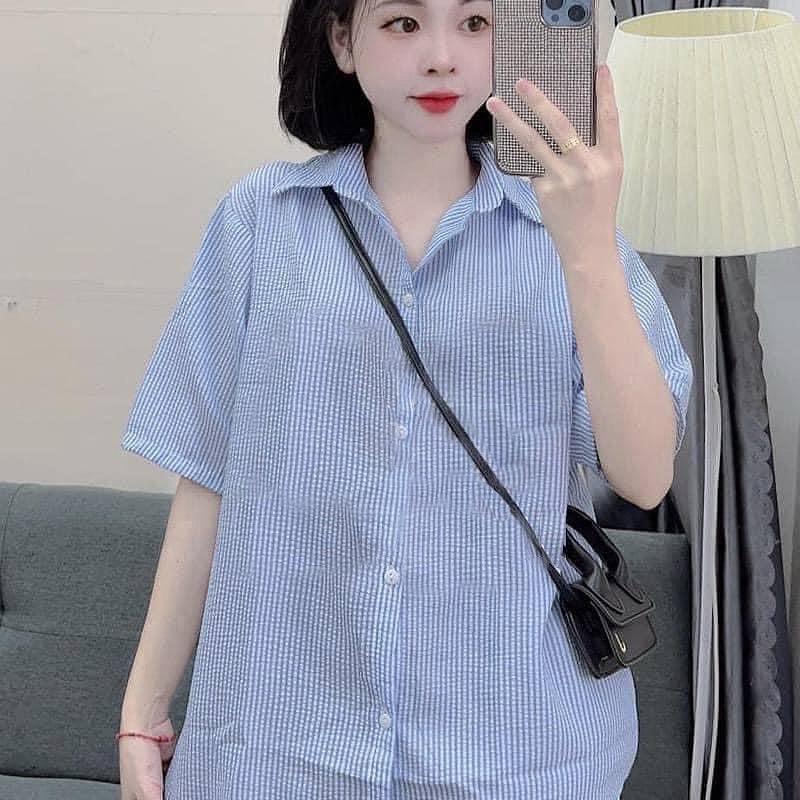 Áo sơ mi form rộng tay lỡ sọc kẻ trơn chất đũi xốp dày đẹp