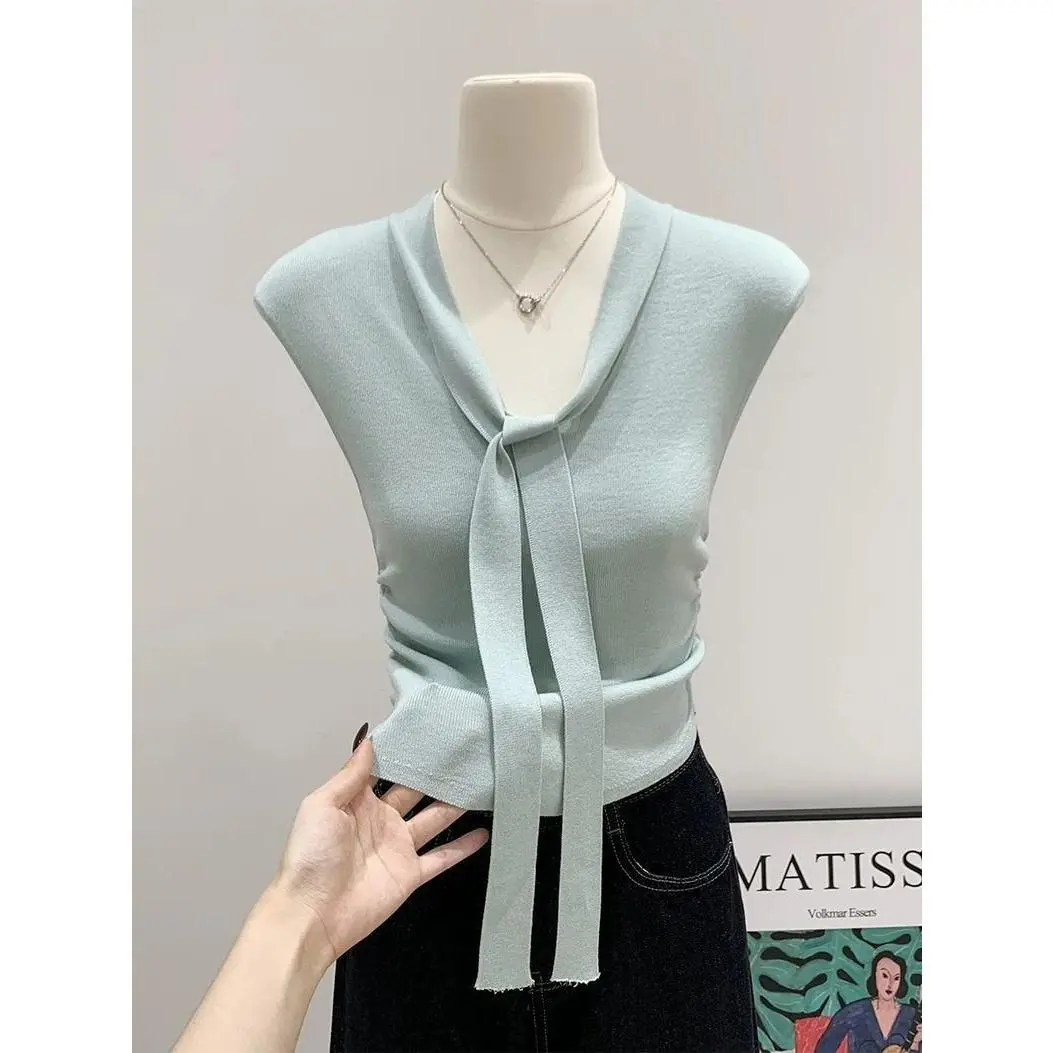 Purple Korean Style Gentle V-neck Sleeveless Knit Top for Women Summer Ribbon Slim Fit Elegant Top