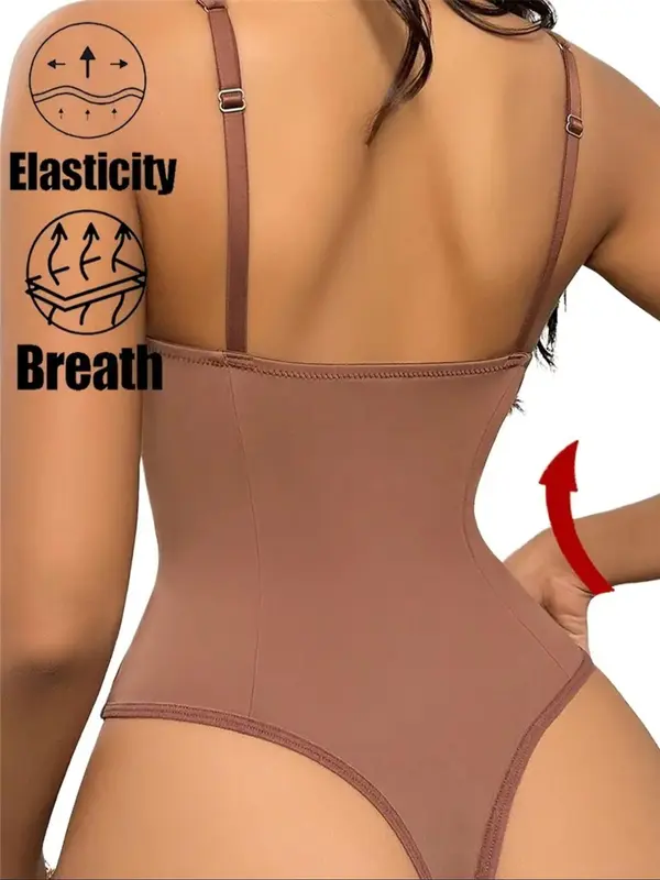 Women's Sexy Solid Backless V Neck Shapewear Cami Bodysuit, Lady Adjustable Strap Compression Bodysuit, Tummy Control Waist Trainer Shaper for Daily Wear, Bodysuit for Apron Tummy, Comfort Womenswear, Tummy Tuck Shapewear 7