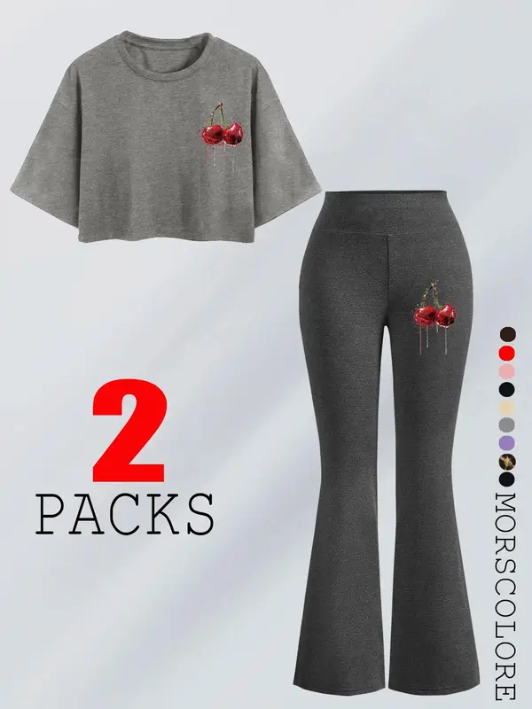 Women's Cherry Print Tee & Flare Leg Pants Two-Piece Set, Casual Fashion Cozy Round Neck T-shirt & Trousers for Daily Outdoor Wear, Ladies Clothes for All Seasons 0