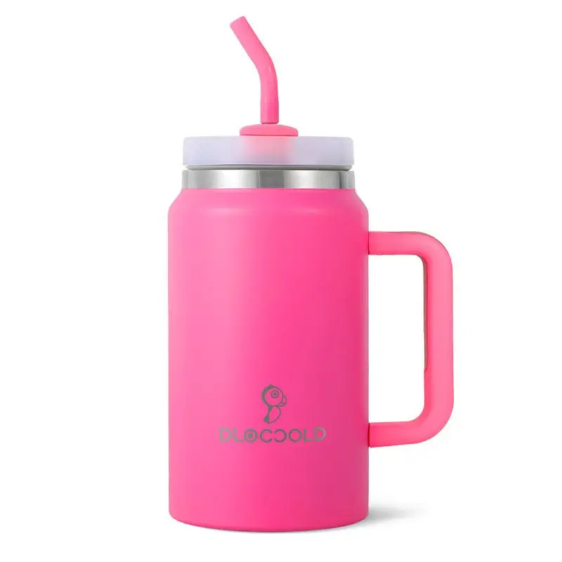 Letter & Bird Pattern 50oz Vacuum Flask, 1 Count Stainless Steel Heat Resistant Water Bottle with Handle & Straw Lid, Double Wall Water Bottle for Home Office School