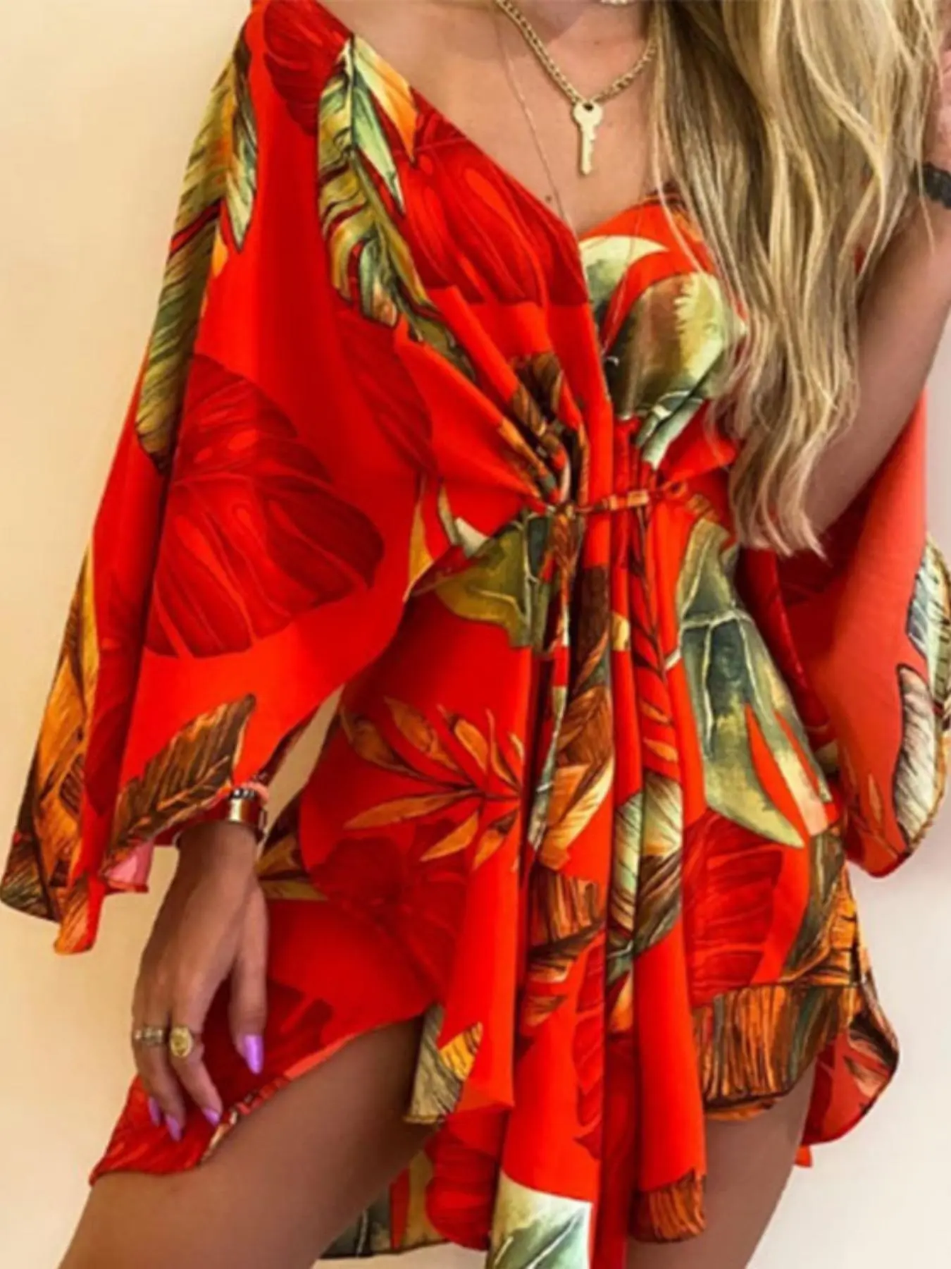 Women's Leaf Print Tie Front Asymmetrical Hem Batwing Sleeve Short Dress, Summer Clothes Women, Boho V Neck 3/4 Sleeve A Line Dresses Summer for Beach Holiday Vacation, Ladies Summer Clothes