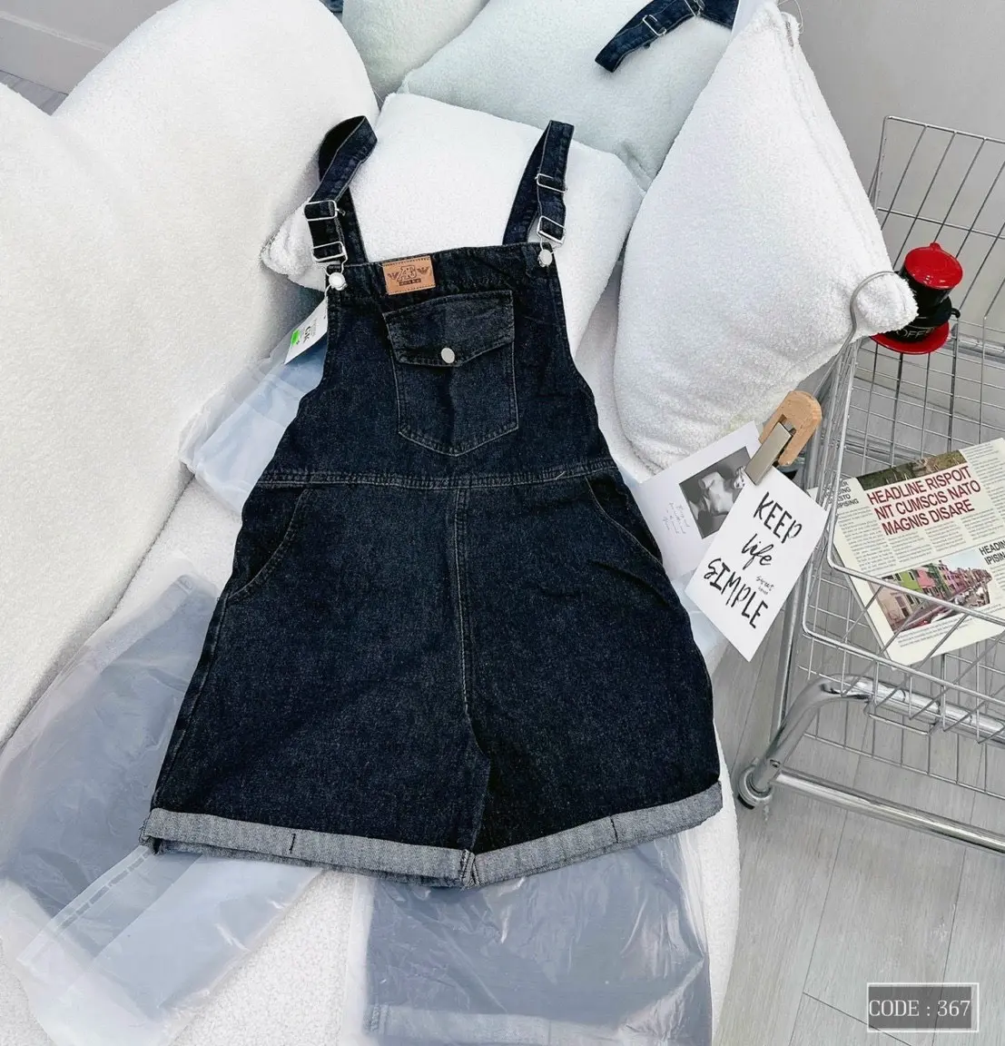 Quần yếm jean nữ, Yếm short jean nữ chất bò xanh cao cấp lưng cao túi vuông thêu chữ mẫu mới quang vinh 341