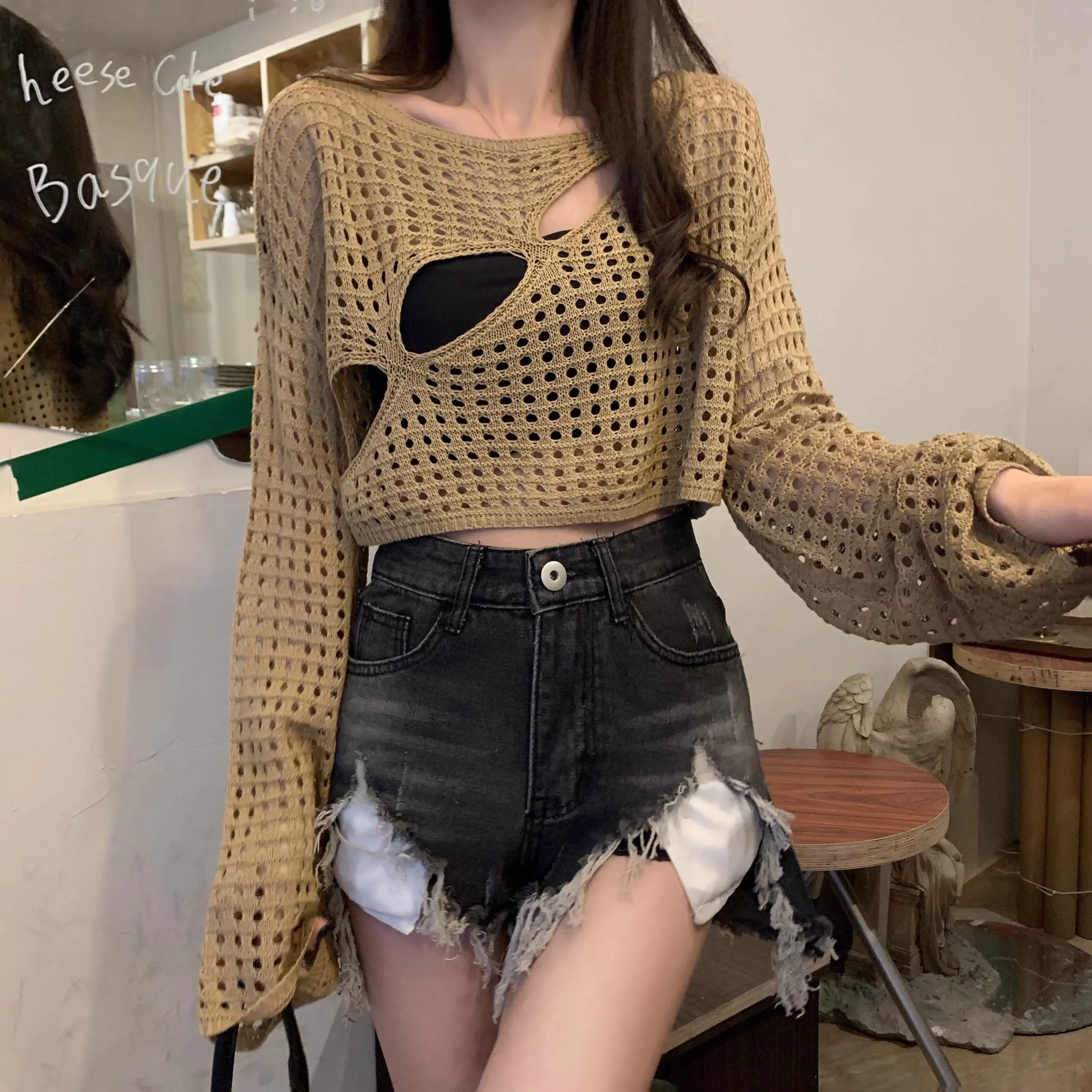 Woven Hollowed Knitwear Women's Summer Sling Outerwear Cover-up Design Sense Loose Hole Long Sleeve Sun Protection Short Top