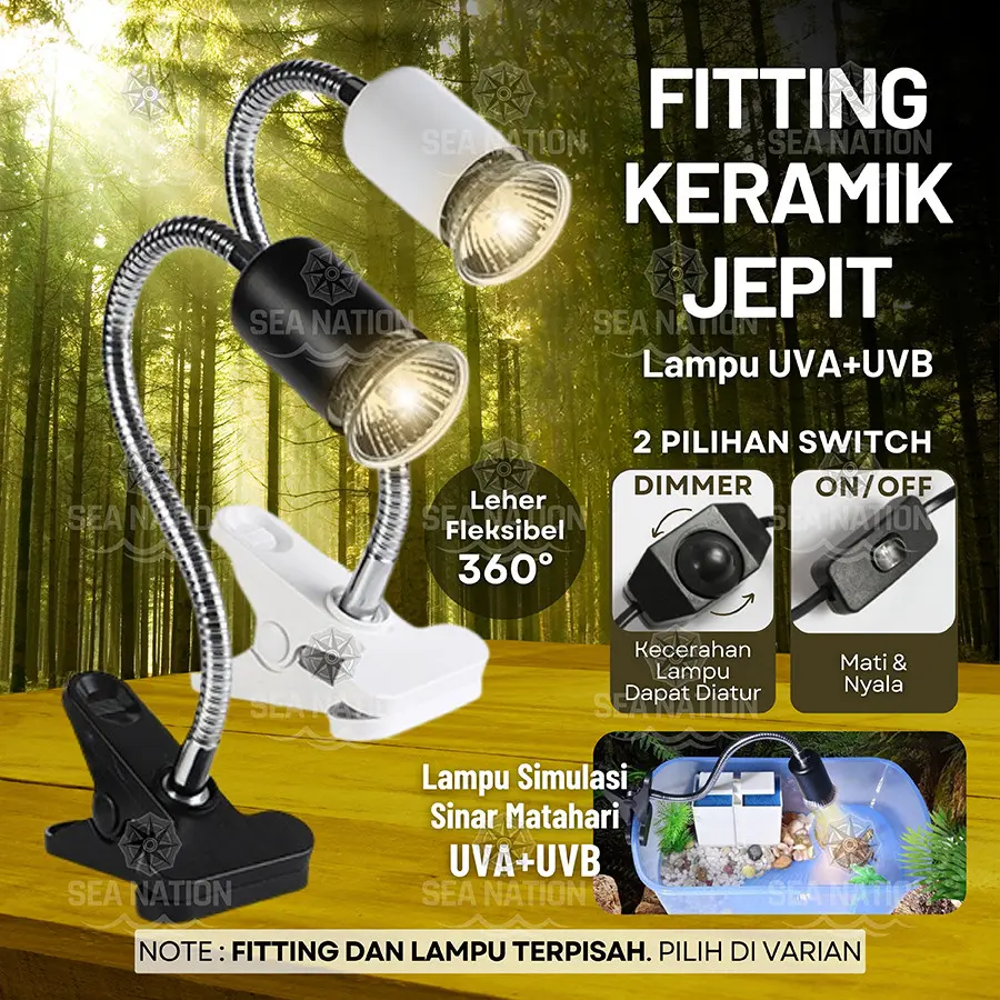 Fitting Jepit Lampu UV UVA UVB Keramik Fiting Panjang Dimmer Reptil Penghangat Pemanas Sulcata Reptile Kura Air Brazil