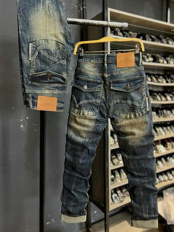 Quần Jean Nam Dài JD657-J3651 Màu Xanh Đậm RETRO Phủ Ám Dơ Vàng Kiểu Đắp Vá Túi Độ Nắp Mẫu Mới Chi Tiết Như Hình.