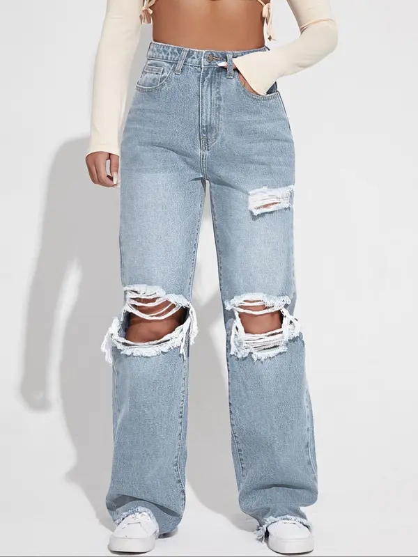 Women's Ripped Jeans, Casual Comfy Button Pocket Denim Trousers for Summer, Fashion Women's Bottoms for Daily Wear 6