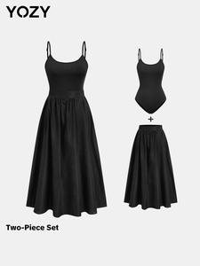 YOZY Two-piece Set Women's Solid Ribbed Cami Bodysuit & Skirt, Casual Adjustable Strap Sleeveless Bodysuit & Long Skirt for Daily Wear, Ladies Two-piece Outfits for All Seasons