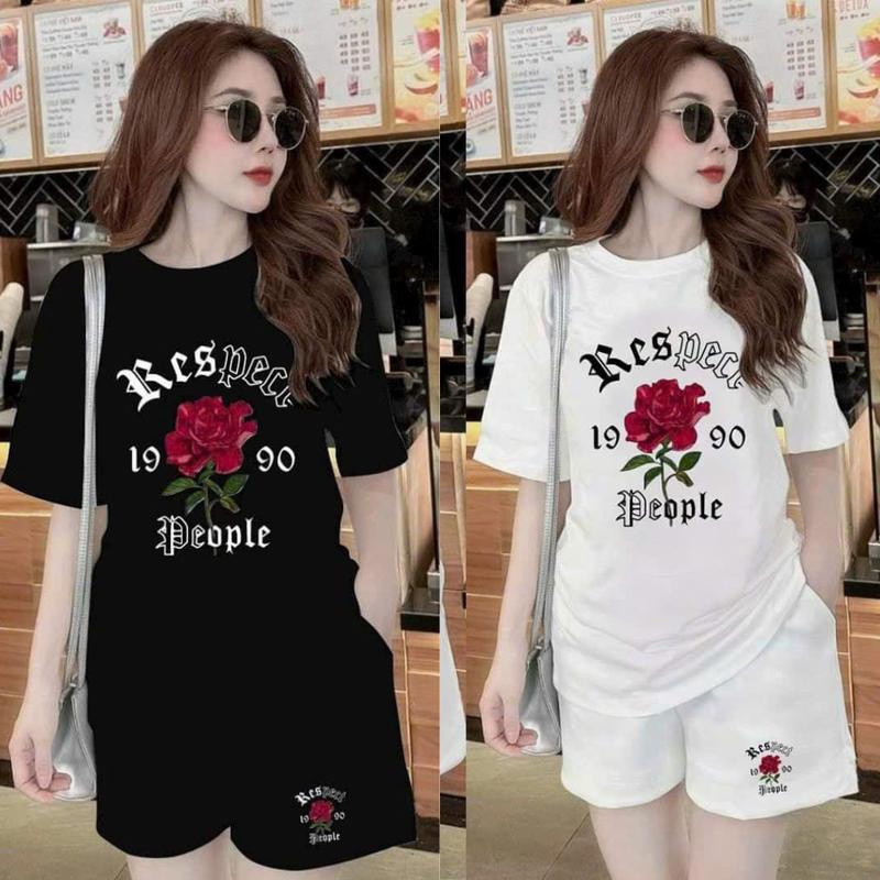Set bộ đùi nữ mặc nhà chất cotton su phom rộng áo phông quần đùi bộ thun mùa hè in hoa đỏ đồ macnha ngủ 0