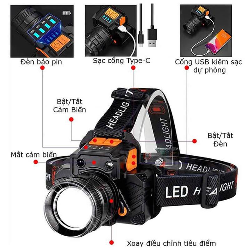 Đèn pin đội đầu 1 bóng siêu sáng chiếu xa 200m, chống thấm nước, 3 chế độ sáng có Zoom xa gần, đèn pin đội đầu tiện lợi có cảm ứng đèn pin thông minh đèn pin  đội đầu