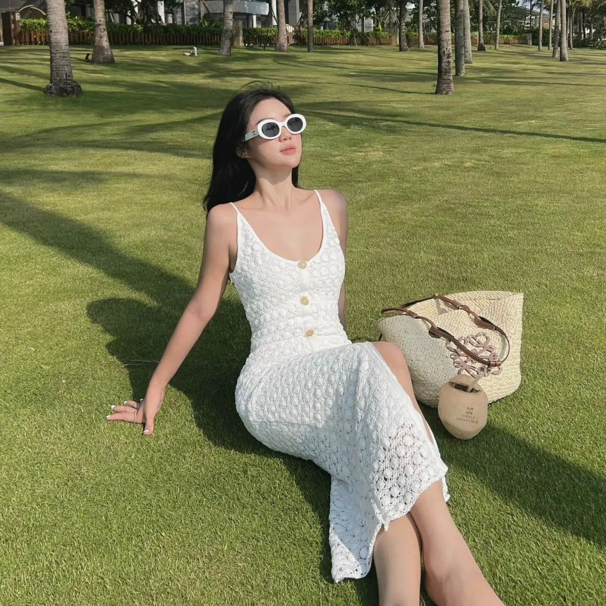 KHÁNH AN CLOTHING -  ĐẦM REN 2 DÂY PHỐI CÚC GỖ FREESIZE <50KG Nữ