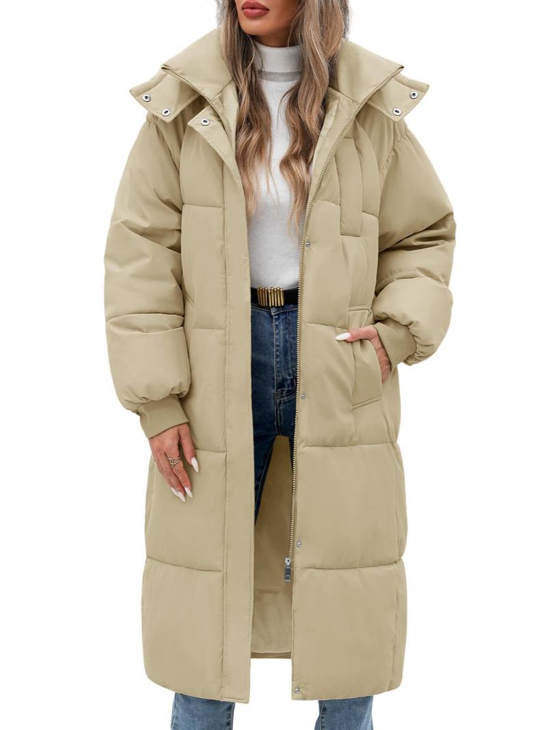 Product Introduction of Women's Solid Button Front Zipper  Hooded Longline Quilted Jacket, Casual Long Sleeve Pocket Design Outerwear for Fall & Winter, Women's Clothing for Daily Wear 3