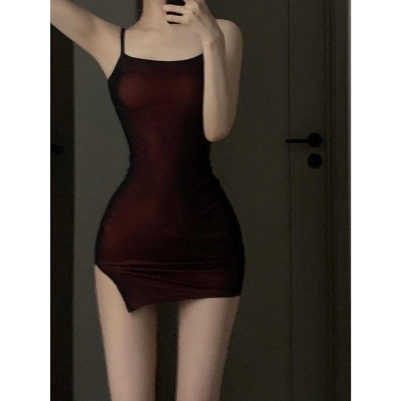 Váy Hai Dây Spaghetti Lưới Bó Sát Eo, Hàng Mới Về Mùa Hè, Váy bodycon Co Giãn Cho Nữ, Váy Dễ Phối Đồ Châu Âu Và Mỹ Dress Đỏ 4