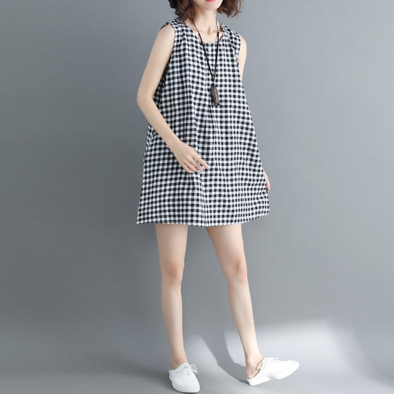 Váy Vest Không Tay Gingham, Màu Đen Và Trắng, Dành Cho Nữ, Hàng Mới Về Mùa Hè 2023, Phong Cách Nghệ Thuật, Ngoại Cỡ, Dáng Rộng Vừa Vặn, Thích Hợp Cho Học Sinh, Váy Chữ A Kiểu Chữ A Women Dress Khuy 3