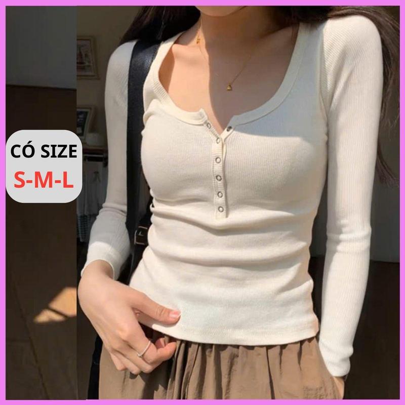 [CÓ SIZE] Áo Thun Kiểu Dài Tay RANSHI Kèm Cúc Bấm Form Dáng Ngắn Basic Dễ Phối Đồ Áo Tay Dài Áo Ôm Body Nữ- RA191 Nữ Women Top Kem