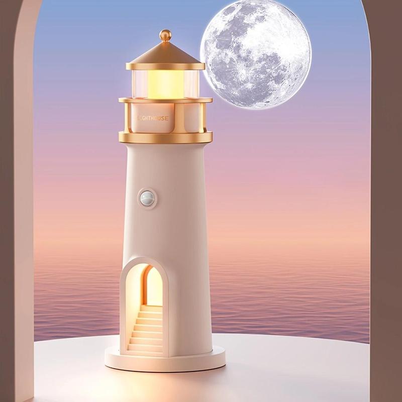 Moonlight Lighthouse Projection Light with Motion-Sensor Night Light, USB Rechargeable Lighting, Bedroom Bedside Lamp, LED Moonlight Projection Ambient Light 0