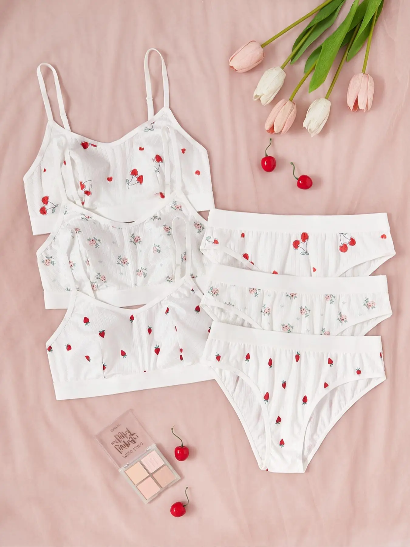 Women's All Over Cherry Print Wireless Bra & Panty Set, Casual Comfy Breathable Lingerie Set for Daily Wear, Underwear Set for Women