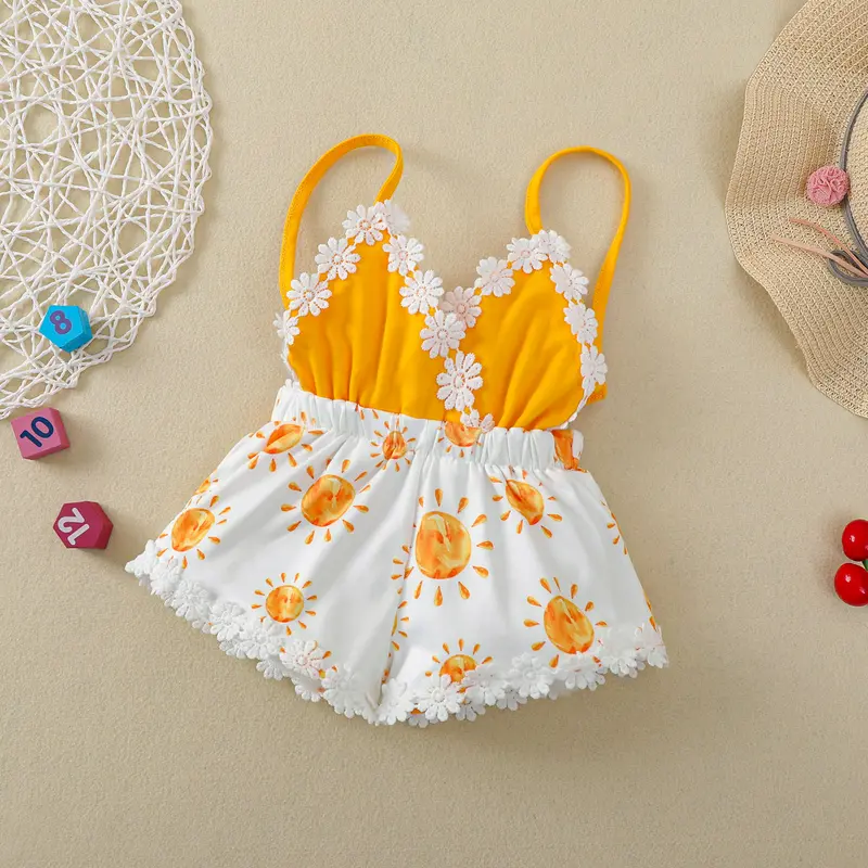 Newborn Casual Style Romper, Baby Girl Sleeveless Sun Print V-neck Playsuit with Decorative Flower Yellow 0
