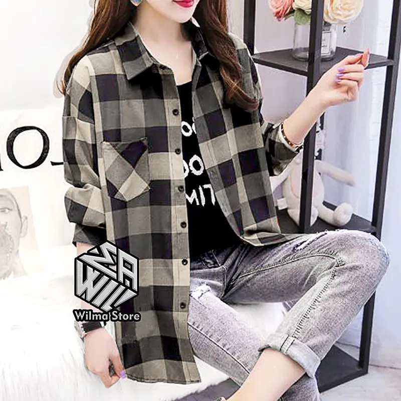 Kemeja Flanel Wanita Lengan Panjang Motif Kotak Best Seller Atasan Casual Baju Oversize Top 3