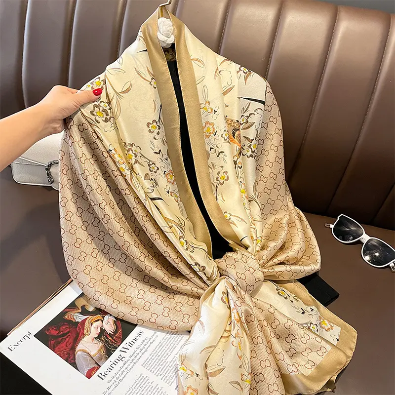 Khăn quàng cổ lụa hoạ tiết GG hoa lá cực sang, khăn choàng đi biẻn bản to mềm mại
