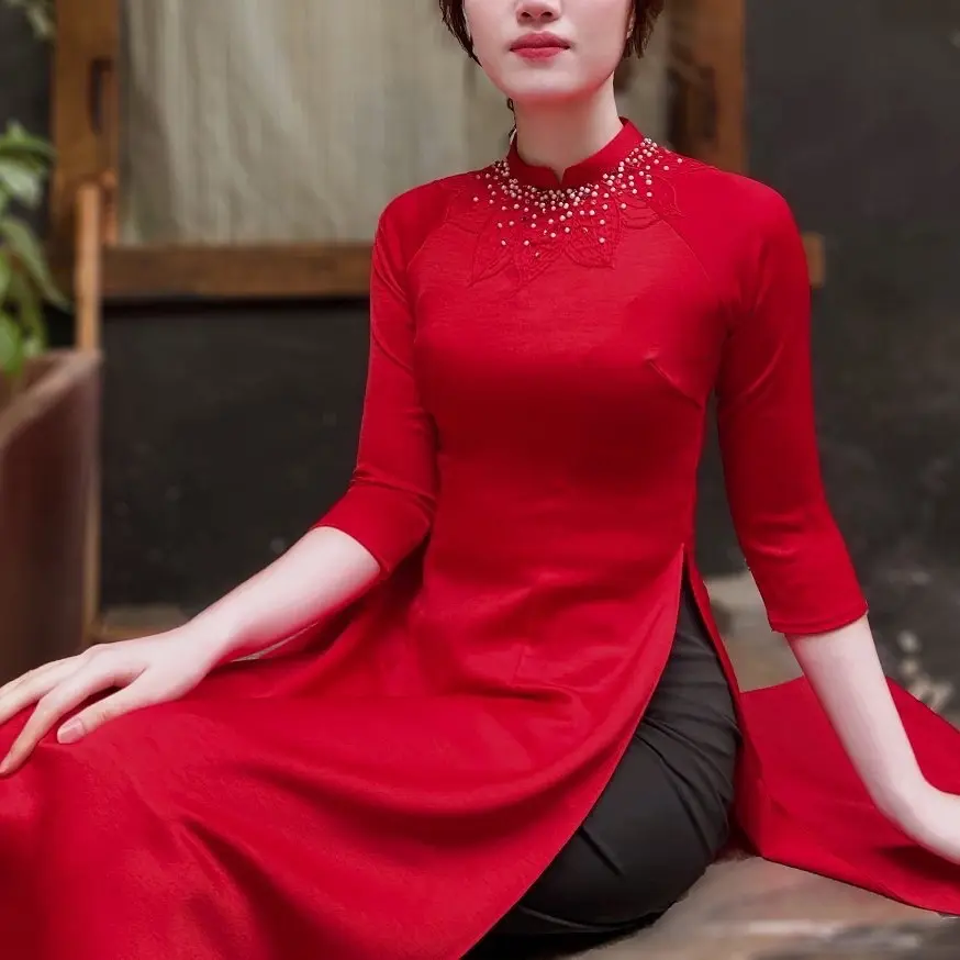 Áo dài Ngọc Liên đỏ cao cấp Cổ tròn