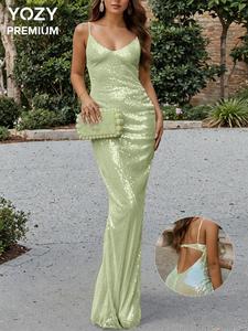 YOZY Women's Glitter Sequins Backless Split Hem Cami Dress, Elegant Adjustable Spaghetti Strap Long Dress for Party Club Dating Wear, Ladies Clothes for All Seasons