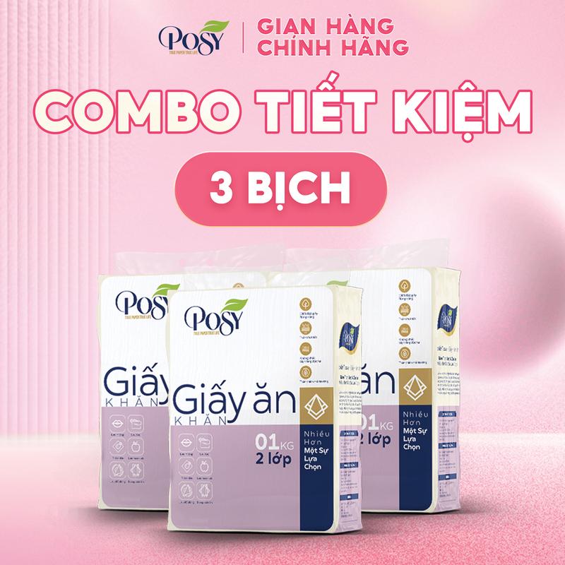 POSY | Thùng 3 bịch giấy ăn vuông 1 kg 2 lớp kích thước 240x240mm