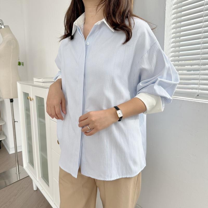 Áo sơ mi Nữ kẻ sọc phối cổ trắng chất thô đũi cotton dáng oversize Women Shirt 6