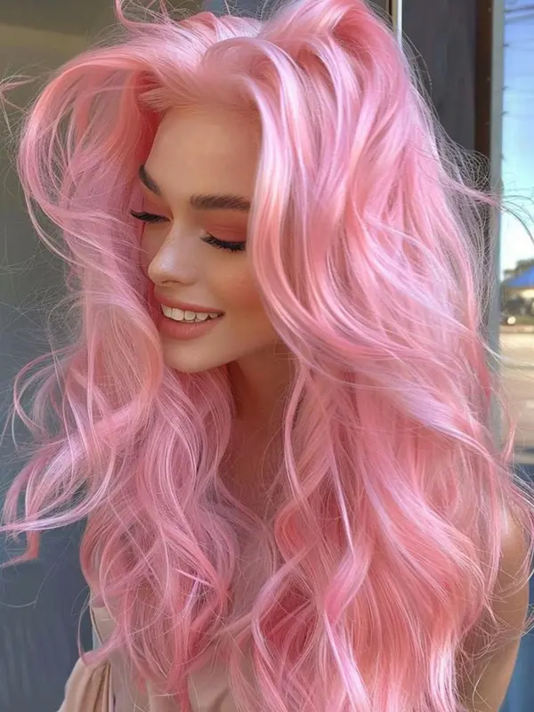 26 Inch Pink Long Body Wavy Synthetic Lace Front Wigs for Women, Natural Looking Gorgeous Fluffy Wigs without Bangs, Heat Resistant Glueless Wigs, Synthetic Lace Wigs for Party, Daily Use 0