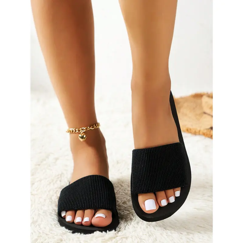 Elastic Band Casual Slippers For Women/men, Eva Plastic Beach Slides, Lightweight & Comfortable, Simple & Stylish Flat Open Toe Slippers Girl Walking Shoes Footwear Flipflop Tsinelas Creeper Black 2