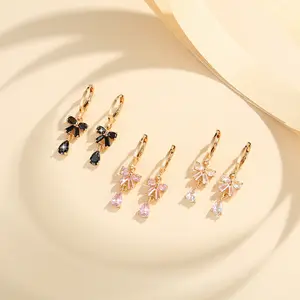 LM832 Anting-Anting Kristal Berlapis Emas Elegan Dengan Simpul Pita Baja Tahan Karat Anti Luntur Aksesori Perhiasan Mode Wanita Dewasa
