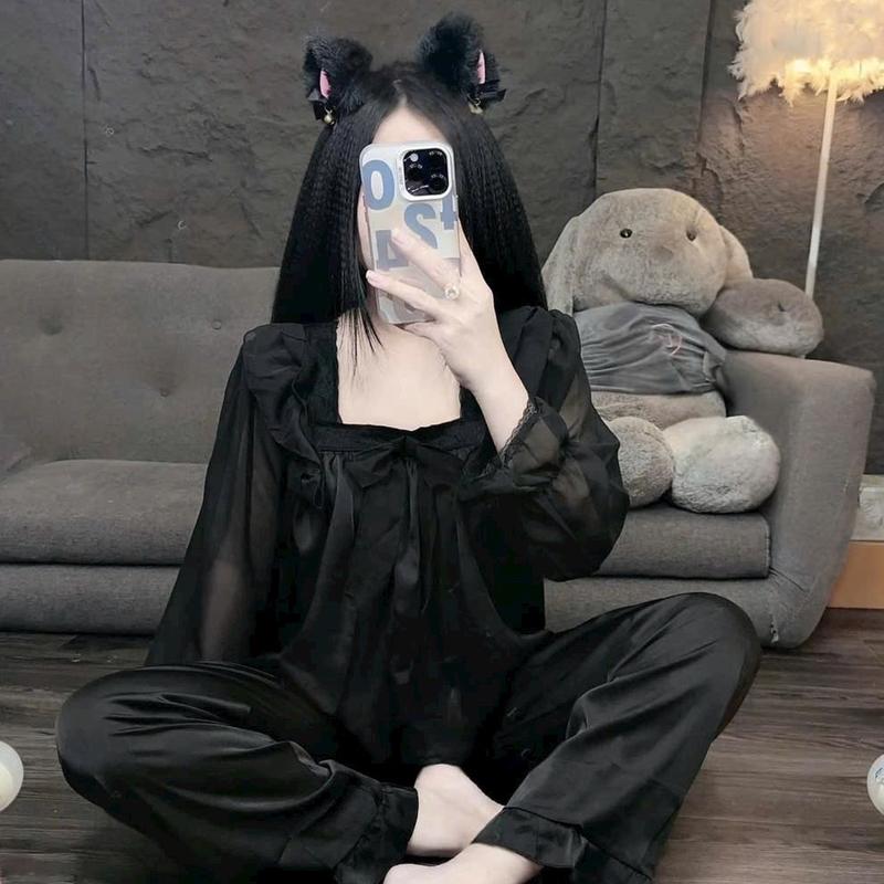  Sét bộ ngủ bánh bèo tiểu thư chất lụa latin phối tay voan tơ mềm mịn xinh xắn  freesize 40-60kg  Nhung Kem Nữ Women Voi Áo 