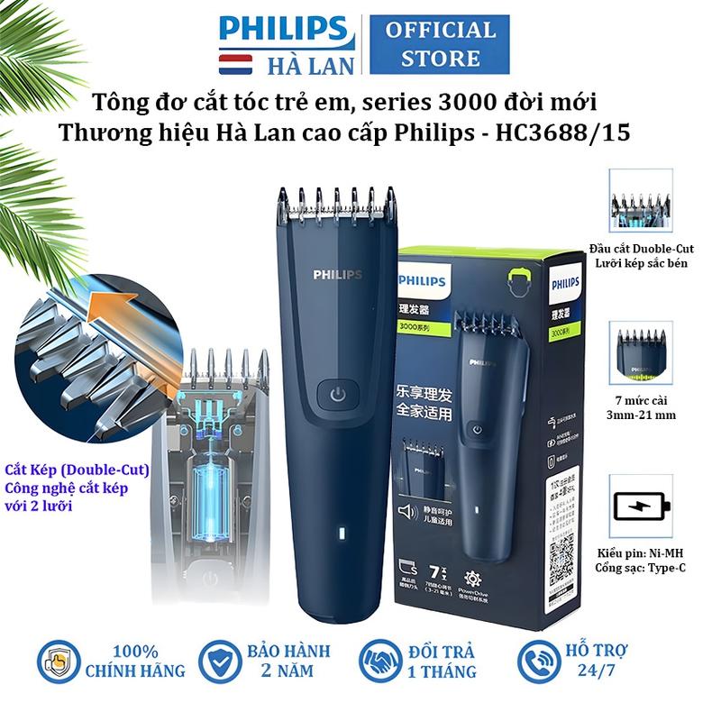 Philips Tông đơ cắt tóc trẻ em HC3688/15 series 3000 đời mới - Bảo hành 24 tháng - Công nghệ Double-Cut & 7 mức cài độ dài 3-21mm - Chất liệu thép không gỉ - Tiếng ồn thấp 58dB - Sạc đầy 8 giờ - Sử dụng 45 phút