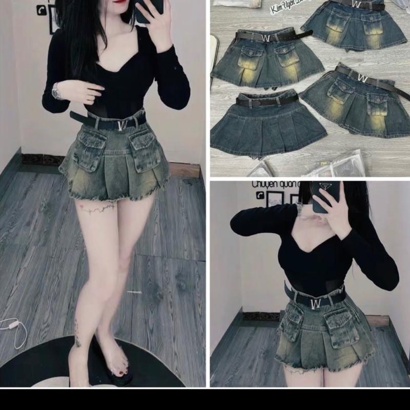 Chân váy jean xòe hai thúc trước,co lót trong