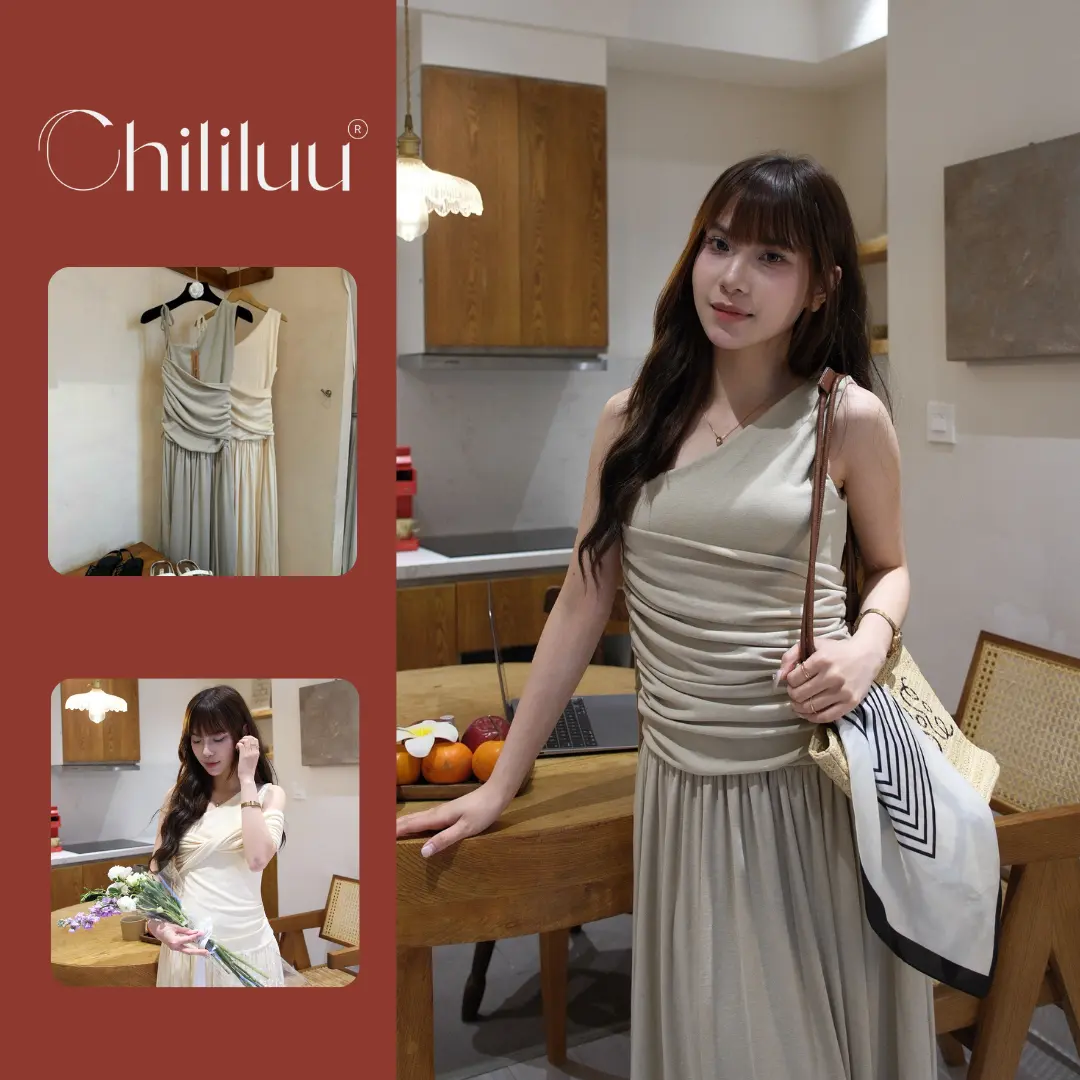 Đầm maxi Chililuu váy nữ tay tạo kiểu dáng dài phong cách thanh lịch nhẹ nhàng
