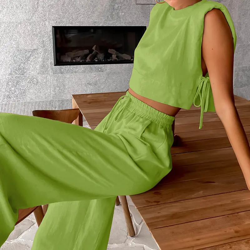 Fashion Cotton and Hemp Set Women's 2025 Summer New Style Shoulder Pads Sleeveless Top Pants Two Piece Set European and American Casual Womenswear Clothes 1