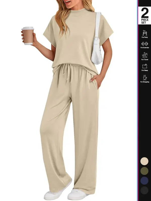 Women's Solid Color Shortsleeve Top & Pants Loungewear Two-Piece Set, Casual Comfy Short Sleeve Tee & Trousers Pajama Set, Ladies Sleepwear for Summer, Womenswear, Pjs 6
